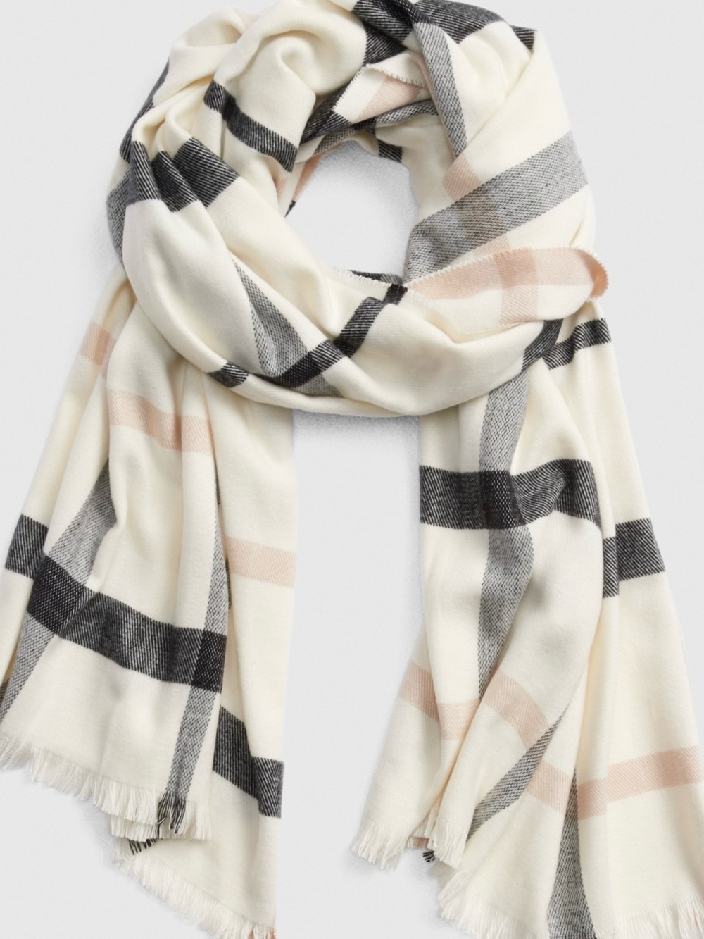 GAP Cream Checked Fringe Scarf with Black and Blush Plaid NWOT